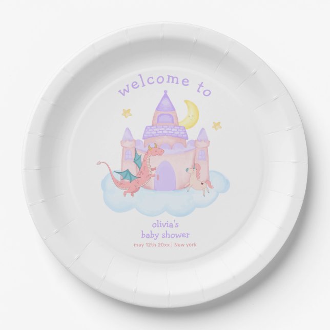 Niedlich Märchendrache Unicorn Kinderdusche Herzli Pappteller (Vorderseite)