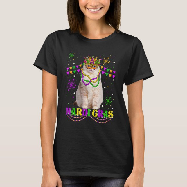 Niedlich Mardi Gras Cat Ragdoll Mask Beads Festiva T-Shirt (Vorderseite)