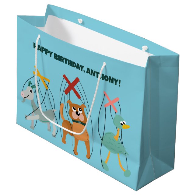 Niedlich Marionette Puppets Puppeteers Personalisi Große Geschenktüte (Vorderseite Schrägansicht)