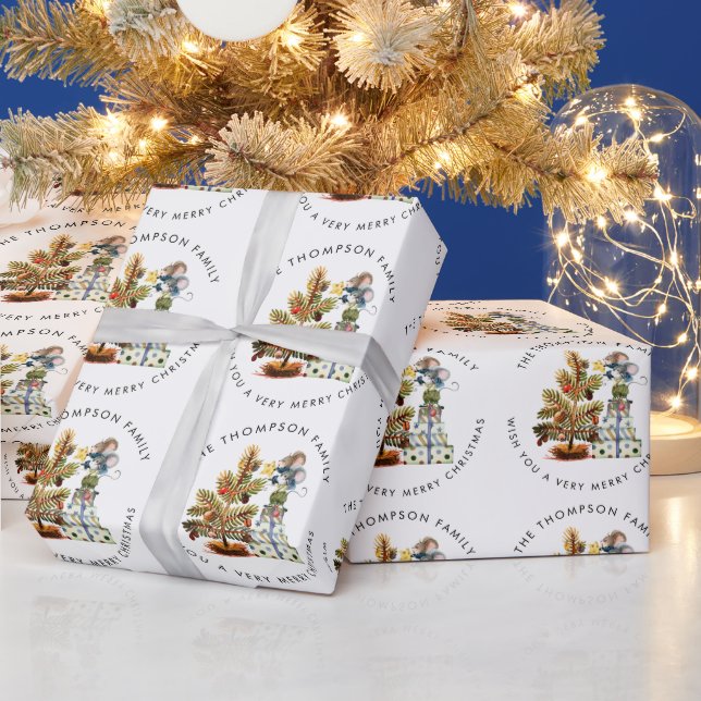 Niedlich Mäuse Muster Merry Christmas Tree Name Geschenkpapier (Feiertage)