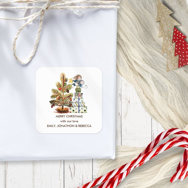 Niedlich Mäuse Weihnachtsbaum Name Frohe Weihnacht Quadratischer Aufkleber (Von Creator hochgeladen)