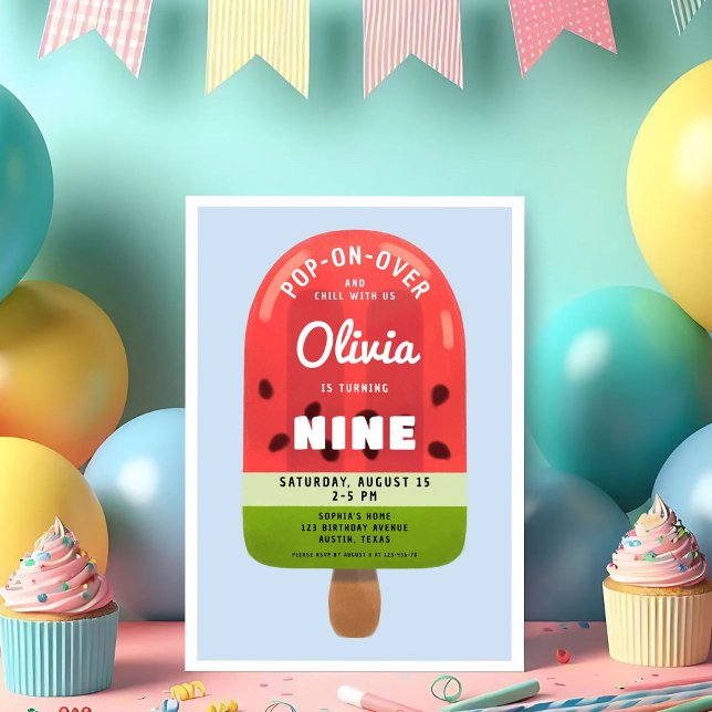Niedlich Melon Popsicle Girl 9. Geburtstag Einladung (Cute Melon Popsicle Girl 9th Birthday Invitation)