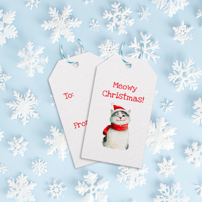 Niedlich Meowy Cat Weihnachtsgeschenk Tag Geschenkanhänger (Cute Meowy Cat Christmas Gift Sticker)