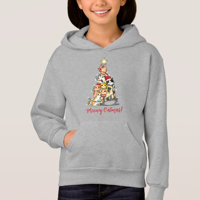 Niedlich Meowy Catmas Katzen Weihnachtsbaum Hoodie (Vorderseite)