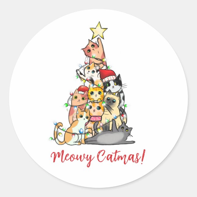 Niedlich Meowy Catmas Katzen Weihnachtsbaum Runder Aufkleber (Vorderseite)
