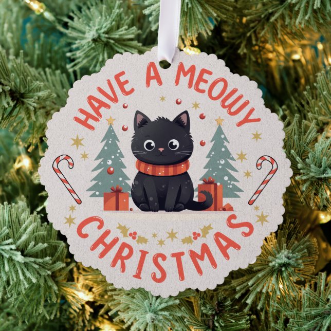 Niedlich Meowy Christmas Purfect Black Cat Ornament Karte (Insitu (Baum))