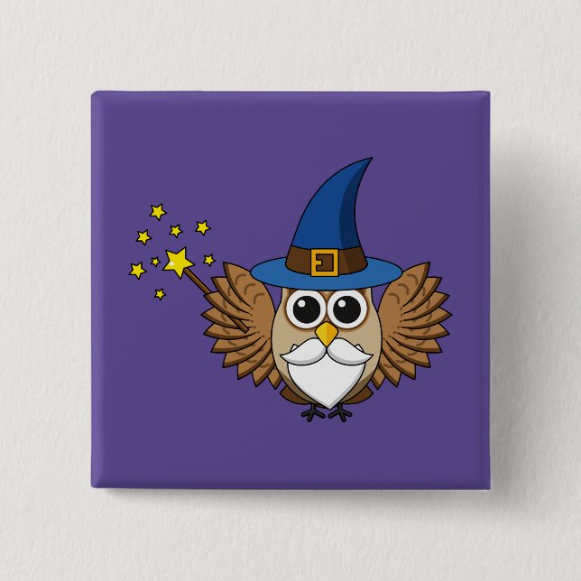 Niedlich Merlin the Wizard Owl Cartoon Button (Vorderseite)