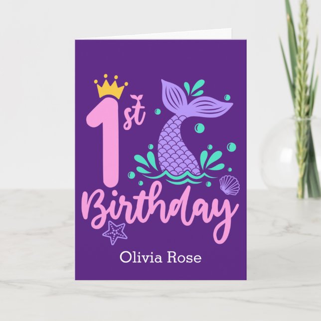 Niedlich Mermaid 1. Geburtstag Karte (Vorderseite)