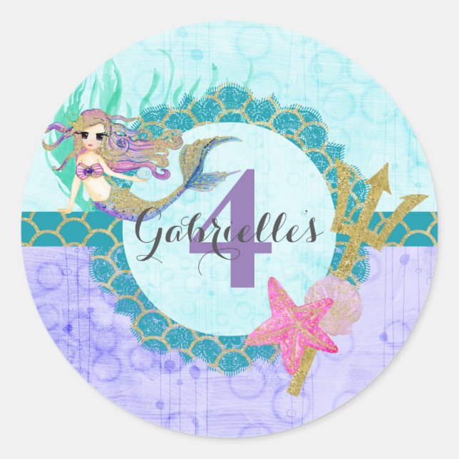 Niedlich Mermaid Aquamarin & Lila Name Age Geburts Runder Aufkleber (Vorderseite)