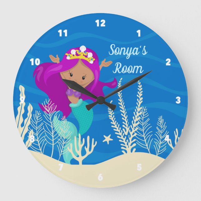 Niedlich Mermaid Beach Girl Ocean Blue Bedroom Große Wanduhr (Vorderseite)