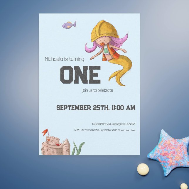 Niedlich Mermaid Construction Worker First Birthda Einladung (Cute construction worker mermaid first birthday party invitation)