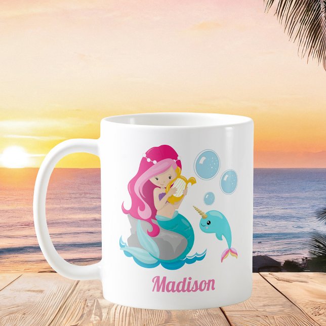 Niedlich Mermaid Girl Beach Narwhal Monogram Kids Kaffeetasse (Von Creator hochgeladen)