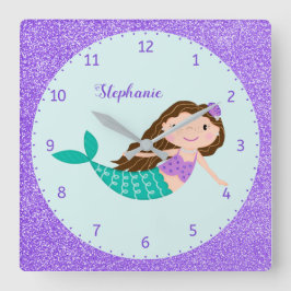 Niedlich Mermaid Lila Glitzer Personalisiert Quadratische Wanduhr