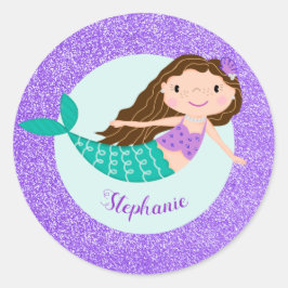 Niedlich Mermaid Lila Glitzer Personalisiert Runder Aufkleber