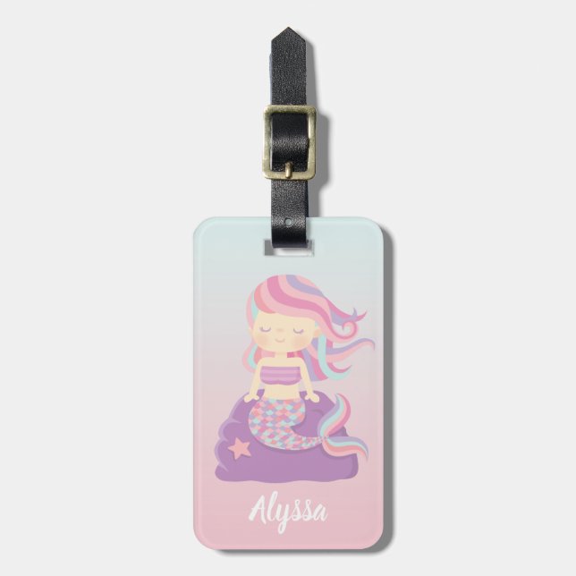 Niedlich Mermaid Ombre Girl Name Gepäckmarke Gepäckanhänger (Vorderseite vertikal)
