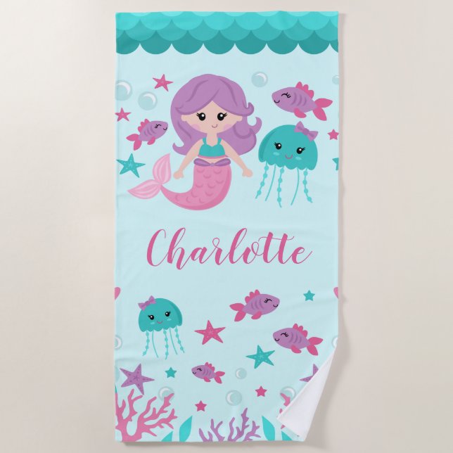 Niedlich Mermaid Personalisiert Girl Strandtuch (Vorderseite)