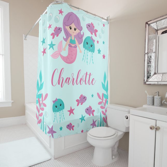 Niedlich Mermaid Personalisiert Kids Duschvorhang (Beispiel)