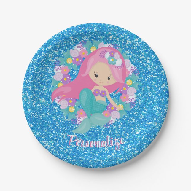 Niedlich Mermaid Pink Blue Glitzer Personalisieren Pappteller (Vorderseite)