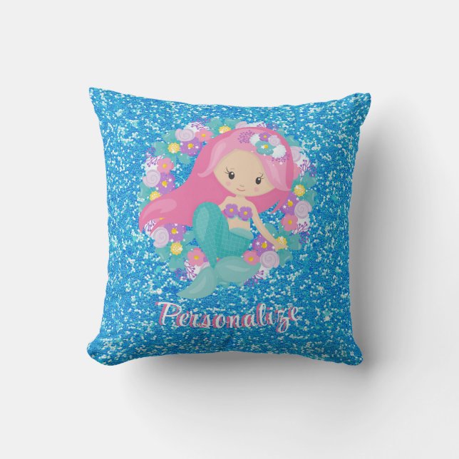 Niedlich Mermaid Pink Blue Glitzer Personalisiert Kissen (Vorderseite)