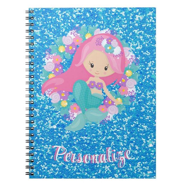 Niedlich Mermaid Pink Blue Glitzer Personalisiert Notizblock (Vorderseite)