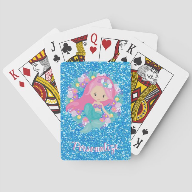 Niedlich Mermaid Pink Blue Glitzer Personalisiert Spielkarten (Rückseite)