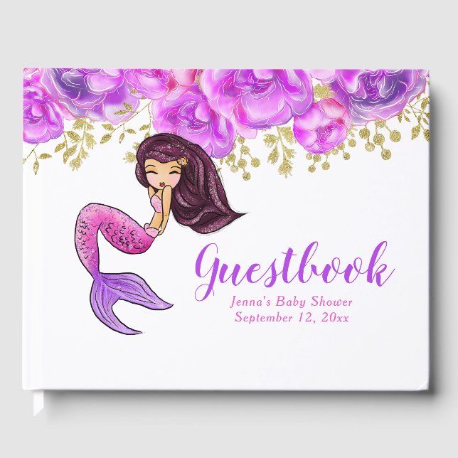 Niedlich Mermaid | Pink Peonies Floral Baby Dusche Gästebuch (Vorderseite)