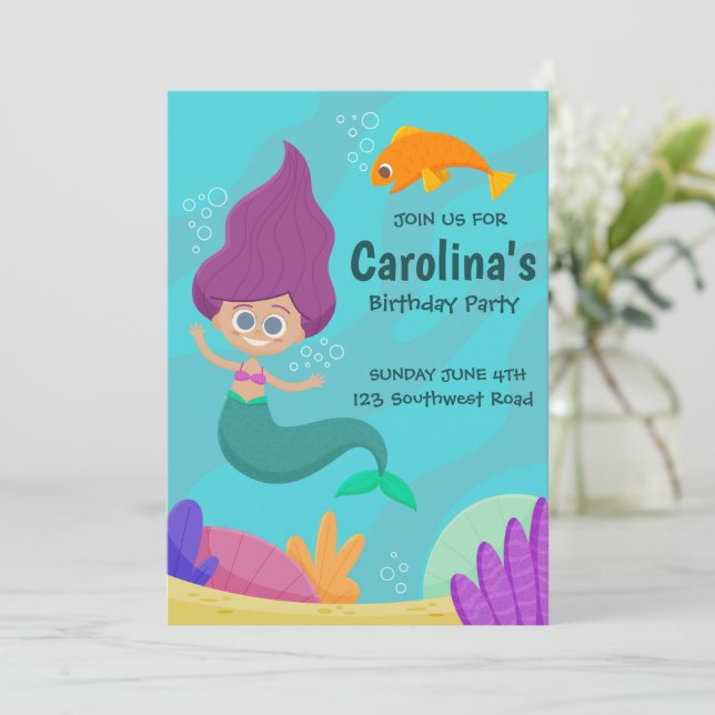 Niedlich Mermaid Printable Birthday Einladung (Stehend Vorderseite)