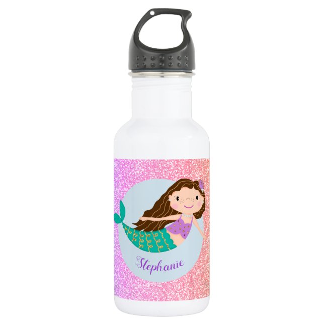 Niedlich Mermaid Rainbow Glitzer Personalisiert Edelstahlflasche (Vorderseite)
