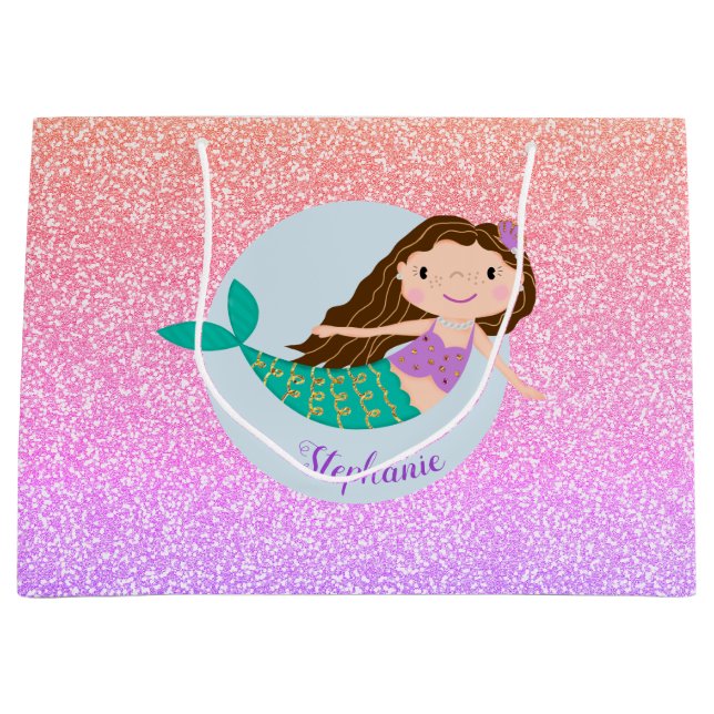 Niedlich Mermaid Rainbow Glitzer Personalisiert Große Geschenktüte (Vorderseite)