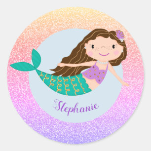 Niedlich Mermaid Rainbow Glitzer Personalisiert Runder Aufkleber