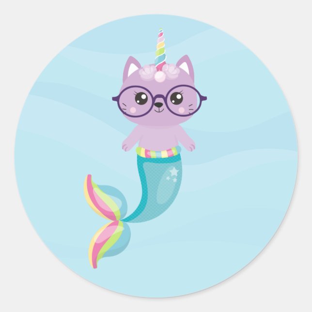 Niedlich Mermaid Rainbow Unicorn Lila Kat Runder Aufkleber (Vorderseite)