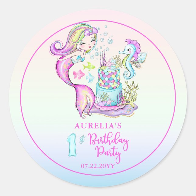 Niedlich Mermaid | Sea Girl's 1st Birthday Party Runder Aufkleber (Vorderseite)