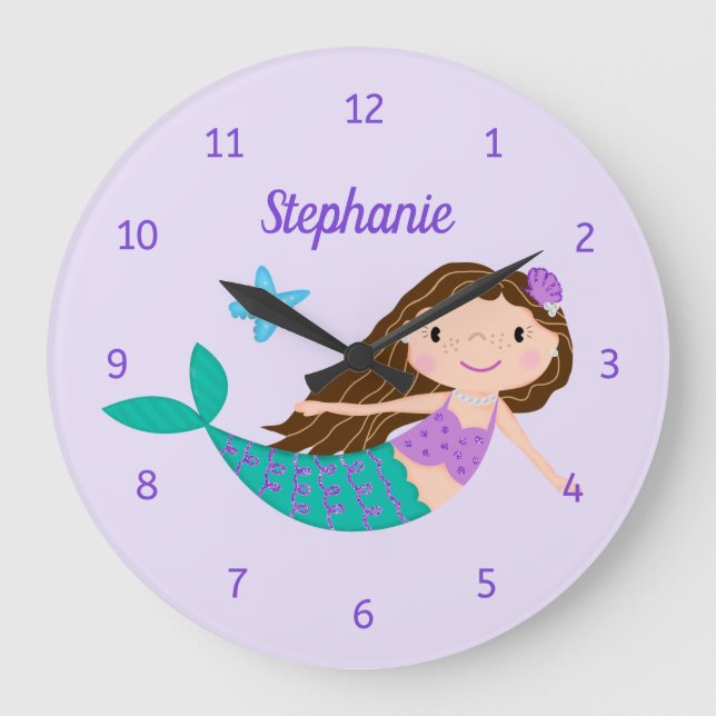 Niedlich Mermaid Whimsical Lila Personalisiert Große Wanduhr (Vorderseite)
