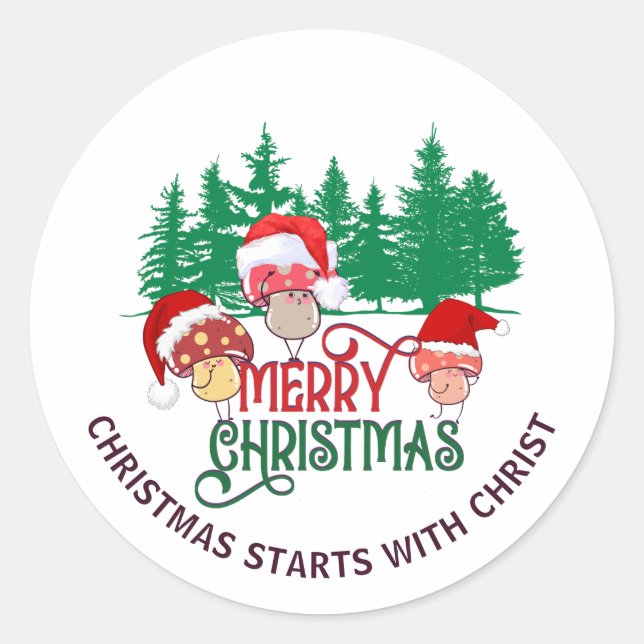 Niedlich MERRY CHRISTMAS MUSHROOM Christlich Runder Aufkleber (Vorderseite)