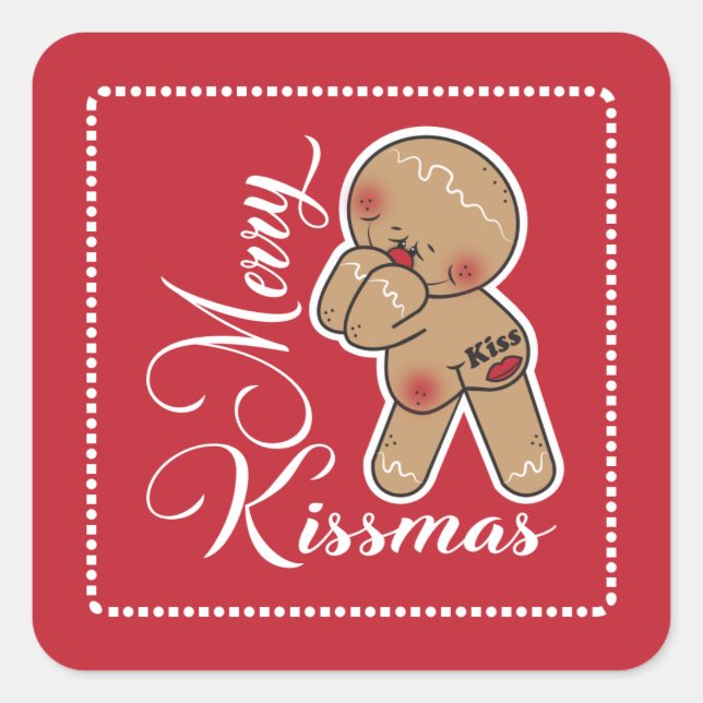 Niedlich Merry Kissmas Gingerbread Mann Quadratischer Aufkleber (Vorderseite)