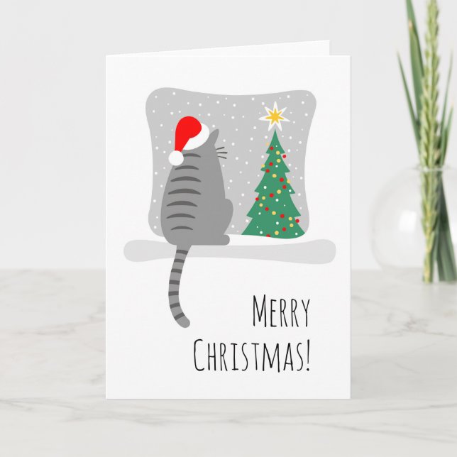 Niedlich Merry Meowy Weihnachtsbaum Katze Schnee Karte (Vorderseite)