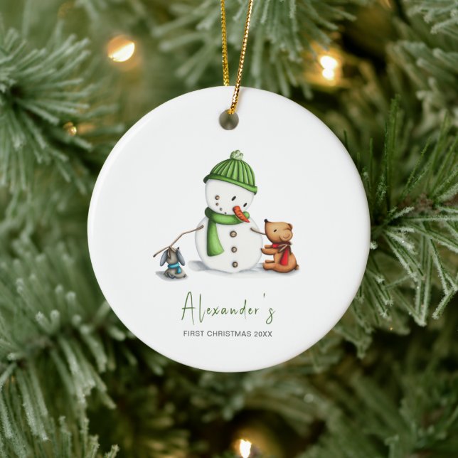 Niedlich Minimal Baby First Christmas Snowman Keramik Ornament (Baum)