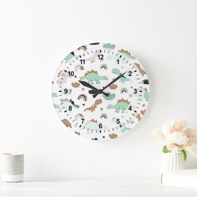 Niedlich Minze Green Dinosaur Muster Große Wanduhr (Zuhause)