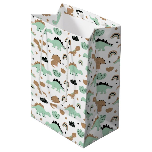 Niedlich Minze Green Dinosaur Muster Mittlere Geschenktüte (Vorderseite Schrägansicht)