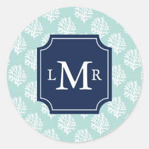 Niedlich Minze Sommermuster und blaues Monogramm Runder Aufkleber