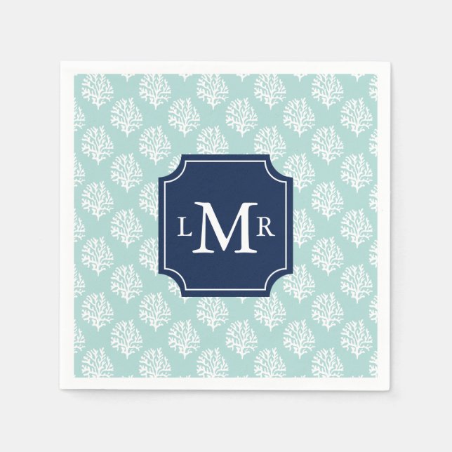 Niedlich Minze Sommermuster und blaues Monogramm Serviette (Vorderseite)