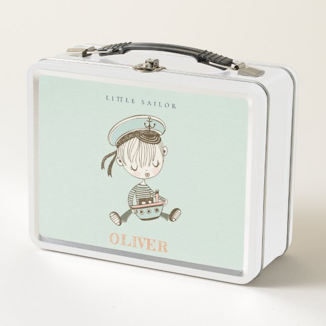 Niedlich Modern Aqua Blue Boys Little Sailor Nauti Metall Brotdose (Vorderseite)