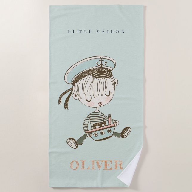 Niedlich Modern Aqua Blue Boys Little Sailor Nauti Strandtuch (Vorderseite)