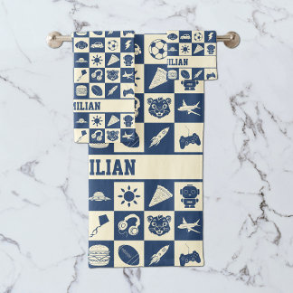 Niedlich Modern Blue Checkered Icons Muster Boy's Badhandtuch Set