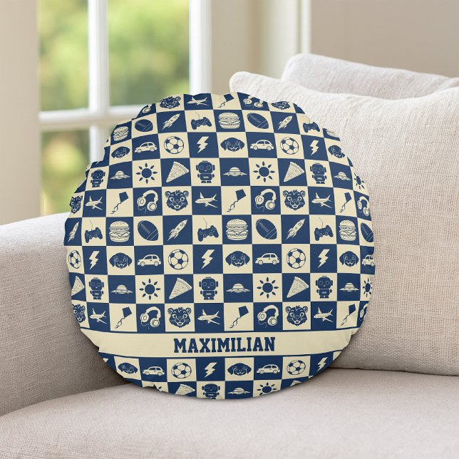 Niedlich Modern Blue Checkered Icons Muster Boy's Rundes Kissen (Von Creator hochgeladen)
