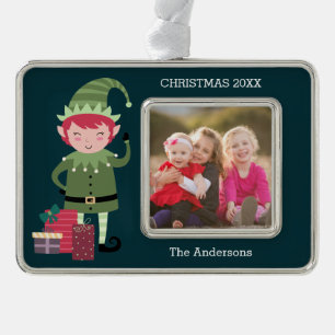 Niedlich Modern Funny Modern Christmas Elf Geschen Rahmen-Ornament Silber