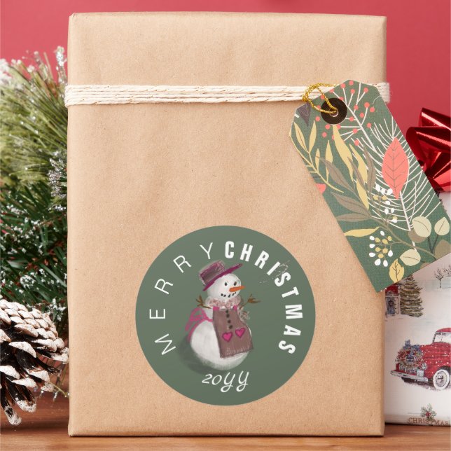 Niedlich Modern Green Frohe Weihnachtsfrau Runder Aufkleber (Feiertag)