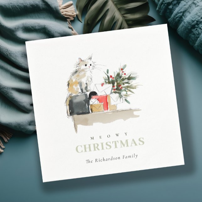 Niedlich Modern Watercolor Meowa Weihnachtsgeschen Serviette (Von Creator hochgeladen)