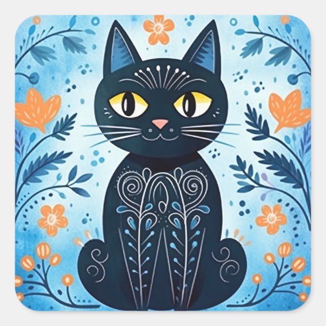 Niedlich Moderne Abstrakte Schwarze Katze in Herbs Quadratischer Aufkleber (Vorderseite)