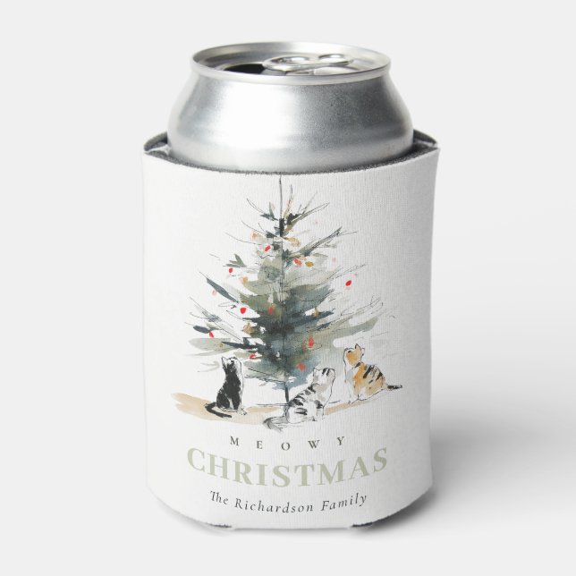 Niedlich Moderne Aquarellfarbe Weihnachtsbaumkatze Dosenkühler (Kanne Vorderseite)